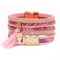 Bracciale wrap boho rosa con ciondolo a forma di gufo in cristallo e chiusura magnetica - Stile Civetta / Rosa