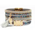 Bracciale wrap multistrato stile boho con cristalli, ciondolo a gufo e chiusura magnetica - Stile Civetta / Grigio Blu