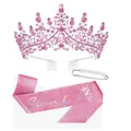 Pink rhinestone crown and glitter Sweet 16 birthday sash set for girls party decoration - Pink 16 Years Old / One Size