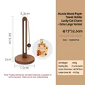 Vertical acacia wood paper towel holder with golden cat charm, 15x32.5cm height - Lucky Cat Pendant