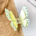 Dual-layer butterfly hair claw in pearlescent light green and yellow with green rhinestones - 7.5cm / Metallic Green