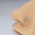 Silver leaf flower nose ring with CZ crystals shown on a realistic nose model - Rectangular Main Stone Pave Style (E3436-3)