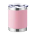 Detailed close-up of matte pink finish and brushed stainless steel rim on travel mug - 10oz / Powder Coated Pink