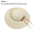Beige wide brim straw sun hat with blue beads and brown bow tassel decoration - Beige Wide Brim Style