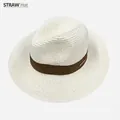 White straw sun hat with brown fabric ribbon and metal buckle for summer beach vacation - Cream Coffee Band Style