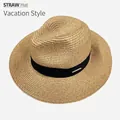 Light brown woven straw beach hat with a black decorative band and gold metal buckle - Khaki Black Band Style