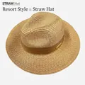 Flat top wheat straw hat with dark brown ribbon and gold metal accent for summer - Khaki Coffee Band Style