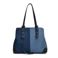 Large denim tote bag with blue color-blocking and leather handles on white background - 35x13x26cm / Blue