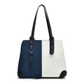 Contrast color canvas tote bag with dark blue leather handles and reinforced base corners - 35x13x26cm / Black and White