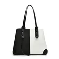 Large denim canvas tote bag with black and white color blocking and leather handles - 35x13x26cm / Blue and White