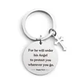 Polished stainless steel Psalm 91:11 keychain with a cross charm on a white background - Psalm 91:11 Round Tag Style (ZJ-1) / Silver