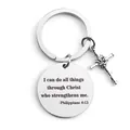 Polished stainless steel keychain with engraved scripture, cross and rose pendant - Inspirational Verse Rose Cross Round Tag (ZJ-2) / Silver