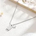 Silver checkerboard rectangle and star pendant necklace with beaded ball chain style - Silver Checkered Star