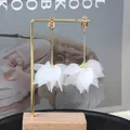 Elegant Korean style white translucent petal drop earrings with gold long tassel - Gold Thin Bar Petal Long Tassel Clip-on Style (E5417/Gold)