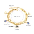Double-layered golden stainless steel evil eye bracelet with blue drop gems and charms - Gold Double Layer Teardrop Gem Eye Bracelet