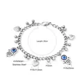 Silver stainless steel Evil Eye bracelet with Hamsa Hand and heart charms, 20cm length - Br232202s