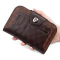 Cartera vertical de cuero marrón oscuro con relieve vintage y costuras en contraste - Patrón de Rejilla Con Presión / Marrón Oscuro