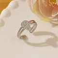Close-up of silver adjustable ring with micro-paved crystals on double-band floral design - Adjustable Open / Silver Multi-layer Connected Hearts Style (R)