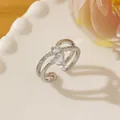 Close-up of silver ring with double-layered band, heart and round zircon stones - Adjustable Open / Silver Multi-layer Crossed Heart and Round Diamond Style (V)