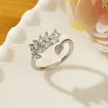 Adjustable silver ring with marquise zircon leaves and micro-paved heart detail - Adjustable Open / Silver Marquise Cubic Zirconia Feather Style (D2)