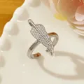 Adjustable silver leaf ring with micro-paved crystals in elegant minimalist design - Adjustable Open / Silver Pavé Leaf Shape Style (B2)
