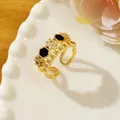 Golden honeycomb open ring with black enamel hexagon and star micro-pave crystals - Adjustable Open / Gold Honeycomb Black Enamel Style (P1)