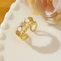 Golden double-layer open ring featuring hexagonal details and beaded textures - Adjustable Open / Gold Multi-ring Hexagon Detail Style (R1)