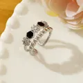 Silver-toned ring set with black hexagonal inlay and micro-pave floral pattern accents - Adjustable Open / Silver and Black Hexagon Combination Style (Q1)