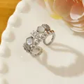 Silver micro-pave stacked ring with hexagonal inlay and star motifs for women - Adjustable Open / Silver Mother-of-Pearl Star Micro-pavé Style (S1)