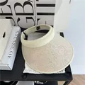 Visera de rafia beige con parte superior abierta y ala ancha para protección solar - [ala Ampliada] Beige Con Borde Beige / Ajustable (elástico O Tipo Banda)