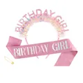 Pink Birthday Girl headband with glitter letters and matching satin sash for parties - Headband, Sash and Safety Pin (Birthday Girl) / Pink
