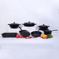 Ensemble de cuisine en fonte noire mate avec poignées dorées et divers poêles - Marmite à fruits de mer 30cm (3.5L) / Noir mat