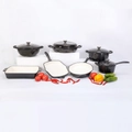 6-piece dark grey cast iron enamel cookware set including pots and pans on white blocks - Dark Grey Gradient / J33 Baking Pan (3.5l) 33x23cm