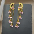 Vintage Indian style golden hollow bell Jhumka drop earrings with pink beads - Gold with Pink (EA116)