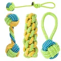 Four-piece durable cotton rope dog chew toy set in green and yellow weave - Highly Recommended Four-piece Set (hand-thrown Ball + Barbell Ball + New Corn Stick + Hand-pulled Ball)