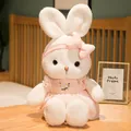 Cute white plush rabbit doll wearing a pink checkered dress with daisy embroidery - Pink Skirt / Small
