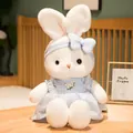 White plush bunny wearing light blue plaid dress with lace trim and floral embroidery - Blue Skirt / Small