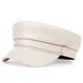 Vintage cremeweiße Schirmmütze aus PU-Leder mit dekorativem Band und Schirm - Einheitsgröße / Weiß