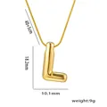 Detailed view of gold letter L pendant with dimensions 18.2mm by 10.1mm and 40+5cm chain - Letter L
