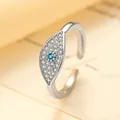 Silver evil eye ring with blue stone and cubic zirconia, adjustable open band style - Blue Stone Evil Eye Style (JZ040) / Silver