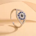 Silver evil eye ring with blue and white zircons and adjustable open band for women - Evil Eye Style (JZ042) / Silver