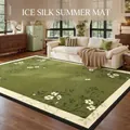 Green ice silk cooling mat with white flower pattern and fabric edging for living room - Old Garden Green