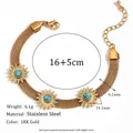 18K vergulde roestvrijstalen mesh armband met turquoise zonnebloem bedeltjes - Turquoise Zonnebloem Gevlochten Schakelarmband - Goud