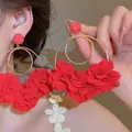 Elegant statement red fabric flower double hoop earrings with gold finish for weddings - Red Rose Tassel Double Ring Earrings (36#)