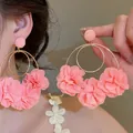 Large pink fabric flower hoop earrings with golden finish for bridal and fashion wear - Pink Flower Gold Circle (38#)