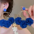 Elegant oversized blue chiffon flower hoop earrings for women with golden circles - Royal Blue Flower Gold Double Ring (39#)