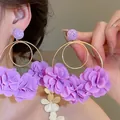 Elegant purple fabric flower hoop earrings with gold metal rings for bridal fashion styling - Pale Purple Flower Cluster Gold Circle (40#)