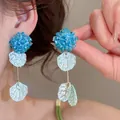 Elegant blue beaded flower tassel earrings with S925 silver needle for women fashion - Blue Bead Flower White Leaves (50#)