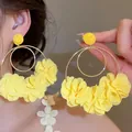 Bohemian style yellow fabric flower hoop earrings with gold-tone metal and silver needles - Bright Yellow Flower Gold Double Ring (41#)