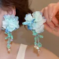 Elegant blue fabric flower tassel earrings with silver needle for brides - Light Blue Large Flower Sequin Tassel (61#)